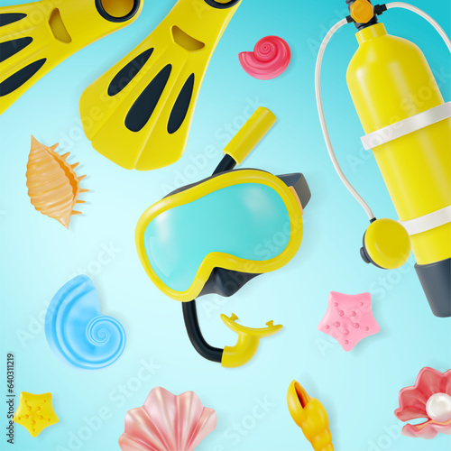 3d Scuba Diving Learn to Dive with Us Concept Background Cartoon Style. Vector illustration of Diving Equipment