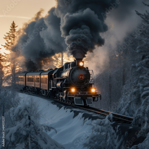 Train journey in a forest with smoke emission during winter