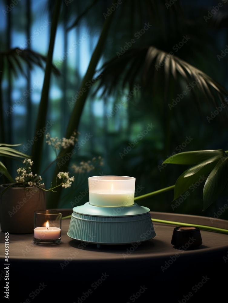Aroma diffuser perfume and candles. Cozy home decor and aromatherapy. Relaxing atmosphere for joga or hygge lifestyle.