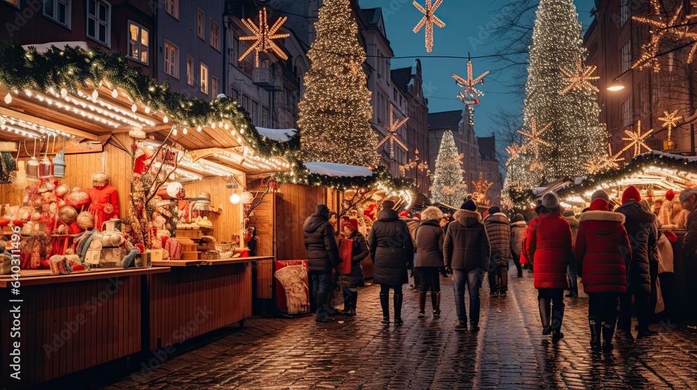 A charming street scene with the model joyously ice-skating, arms spread wide amidst a bustling Christmas market. Festive stalls, fairy lights, and cheerful carolers add to the merriment