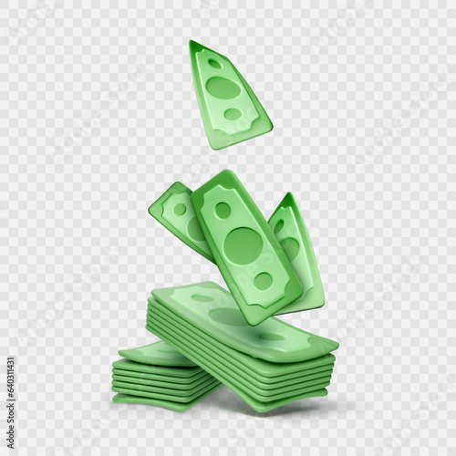 3D paper money with transparent shadows. Cartoon paper bills stack. Green american dollar banknotes. Vector