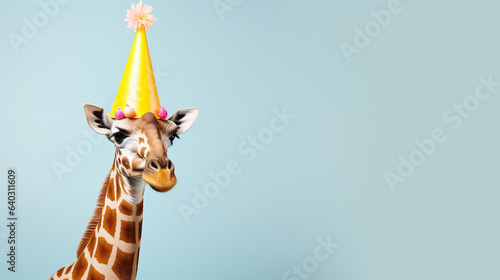 Cute giraffe with birthday hat on background, copy space, generative AI