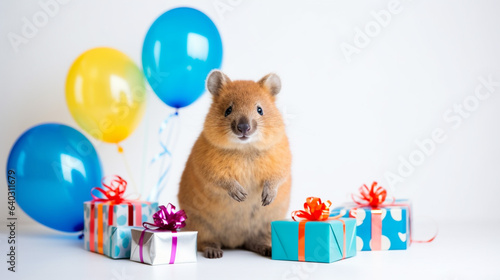 Cute quokka with birthday hat and with birthday balloons, gift boxes on white background, copy space, generative AI © Олена Хавлюк