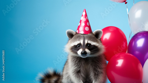 Cute raccoon with birthday hat and with birthday balloons on background, copy space, generative AI