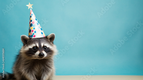 Cute raccoon with birthday hat on background, copy space, generative AI photo