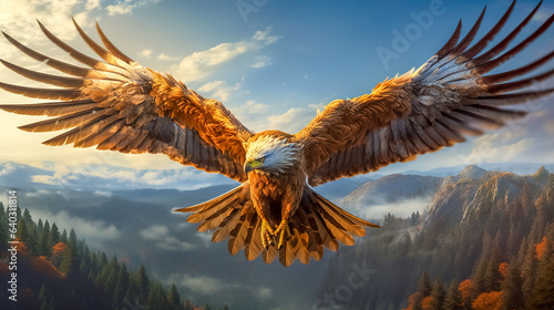 Eagle flying over a forested mountain landscape