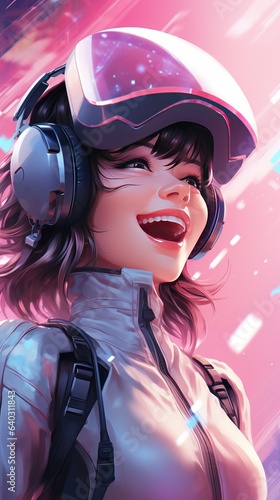 Beautiful anime girl wearing VR glasses headset. Generative AI