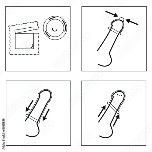 Black and white instructions for using condoms. Vector illustration