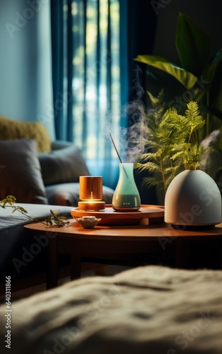 Aroma diffuser perfume and candles. Cozy home decor and aromatherapy. Relaxing atmosphere for joga or hygge lifestyle.