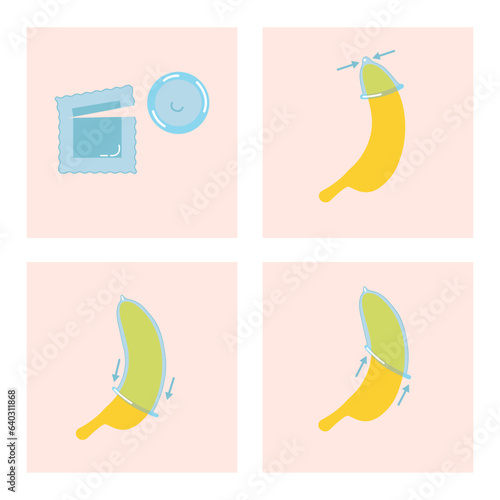Conceptual instructions for the use of condoms, using the example of a banana. Vector illustration