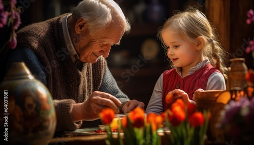 Photo of an intergenerational moment in an art gallery, as an older man and a young girl appreciate a beautiful vase