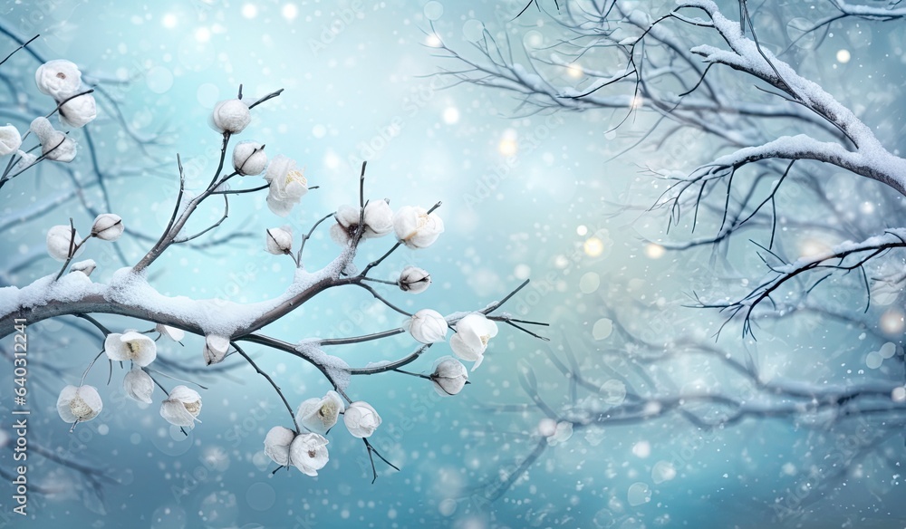a winter scene in snow with some snow covered branches, in the style of light silver and light blue, bright backgrounds, festive atmosphere, light teal and dark white, bokeh, made with Generative AI
