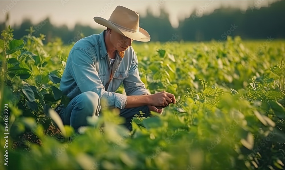 An agronomist inspects crops growing in a farmer's field. Concept of agricultural production. A young agronomist studies the soybean crop in the field in summer. Farmer. made with Generative AI An agronomist inspects crops growing in a farmer's field. Concept of agricultural production. A young agronomist studies the soybean crop in the field in summer. Farmer. made with Generative AI
