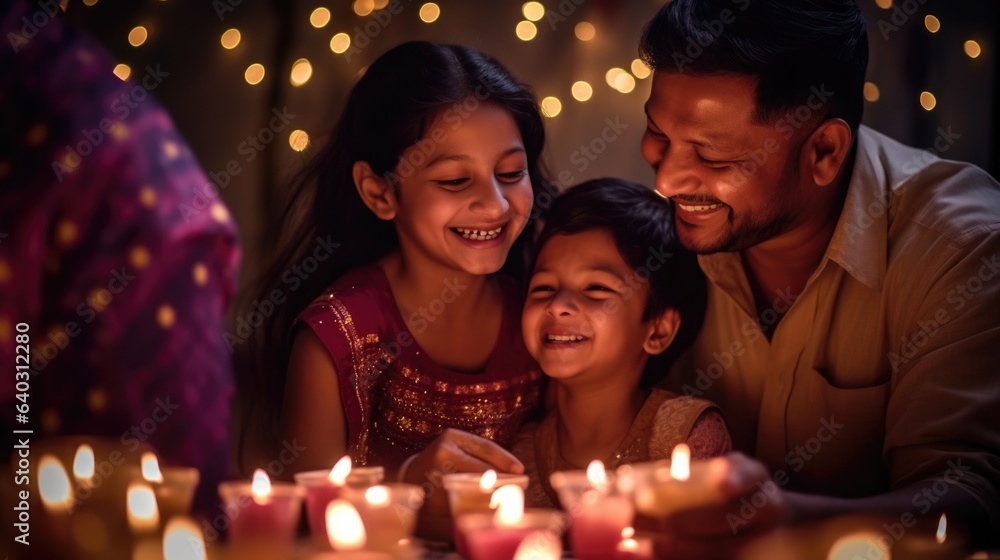 Indian family smiles happily sitting at table with lit candles closeup. Father, son and daughter rejoice at religious festival of light. Joyful Indian people celebrate together on blurred background Indian family smiles happily sitting at table with lit candles closeup. Father, son and daughter rejoice at religious festival of light. Joyful Indian people celebrate together on blurred background
