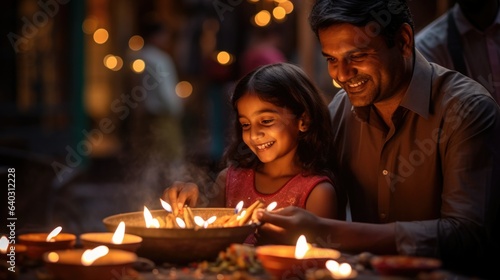 Indian father and daughter smile lighting diyas in large patterned plate closeup. Man and girl enjoy light of candles on festival of Diwai. Hindu religious traditions on blurred background