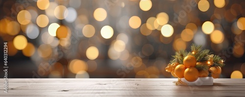 an empty wooden table in a setting with a christmas tree  in the style of light white and light brown  multilayered texture  bokeh  light orange and light gray  organic made with Generative AI