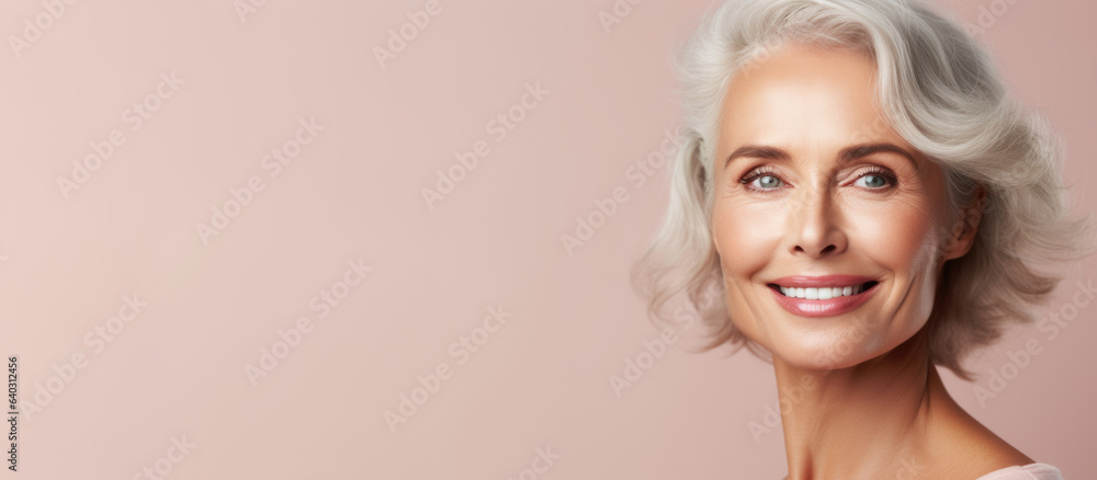 Portrait of a positive well-groomed middle-aged woman with gray hair on a pink background with copy space. Banner.