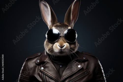 Portrait of a serious hare with dark glasses wearing a dark brown biker leather jacket on a dark background.