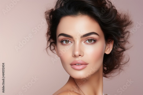 Beauty portrait of a young Caucasian girl with well-groomed skin on a soft pink pastel background.