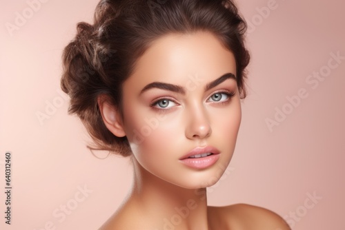 Beauty portrait of a Greek young attractive girl on soft pastel background.