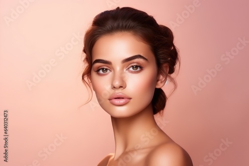 Beauty portrait of a Spanish young attractive girl on soft pastel background.