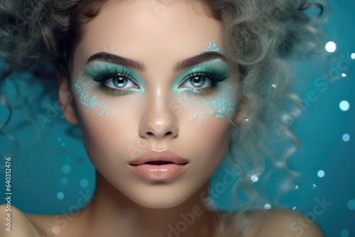 Portrait of a beautiful girl with aqua makeup on her face on a blue background.