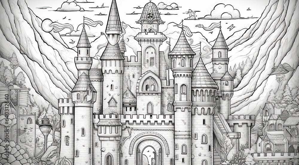 Dive into a world of imagination as you color this magical castle nestled among rolling hills. The intricate black lines create a captivating scene that invites you, made with Generative AI