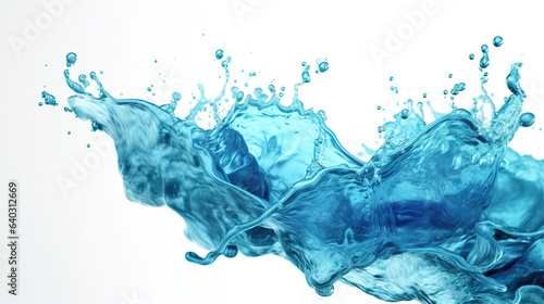 Blue water splash on white background. Liquid drips scattered.
