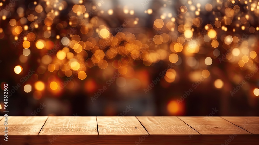 Empty wooden table top with blurred background of Christmas background. made with Generative AI Empty wooden table top with blurred background of Christmas background. made with Generative AI