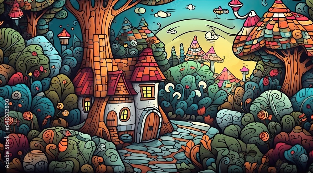 Fototapeta premium Enter a world of imagination with this delightful scene of a cartoon house nestled by the edge of a lush forest, tailor-made for coloring. The whimsical architecture, made with Generative AI