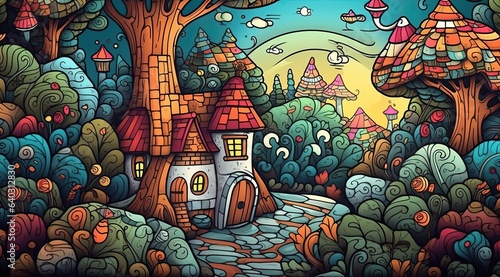 Enter a world of imagination with this delightful scene of a cartoon house nestled by the edge of a lush forest, tailor-made for coloring. The whimsical architecture, made with Generative AI