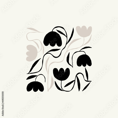Dark Floral abstract elements. Botanical composition. Modern trendy Matisse minimal style. Floral poster, invite. Vector arrangements for greeting card or invitation design