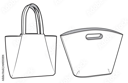 Tote bag flat sketch fashion illustration drawing template mock up, Canvas tote bag cad drawing. Carry bag flat sketch vector