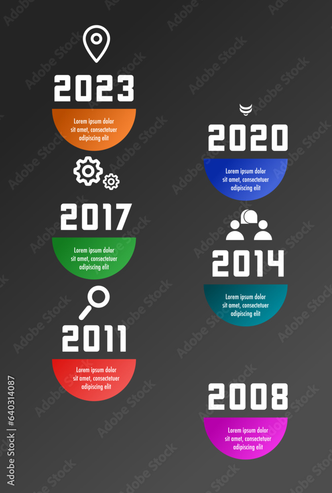 Six steps company business timeline with half block shape for text. Contains line icons in white. Everything is stored on a dark background