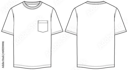 Men's Short sleeve Crew neck T Shirt flat sketch fashion illustration drawing template mock up with front and back view