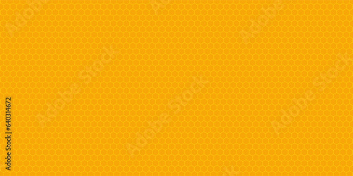 Bright yellow abstract wide horizontal banner with hexagon carbon fiber grid and orange glowing lines. Technology vector background with orange neon lines