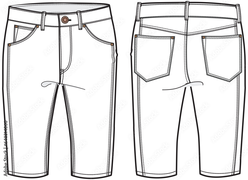 Womens Denim three quarter shorts front and back view flat sketch