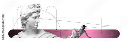 Sensuality and tenderness. Beautiful naked young woman and antique statue bust on white background. Contemporary art collage. Concept of surrealism, imagination, inspiration, beauty. Poster, flyer, ad