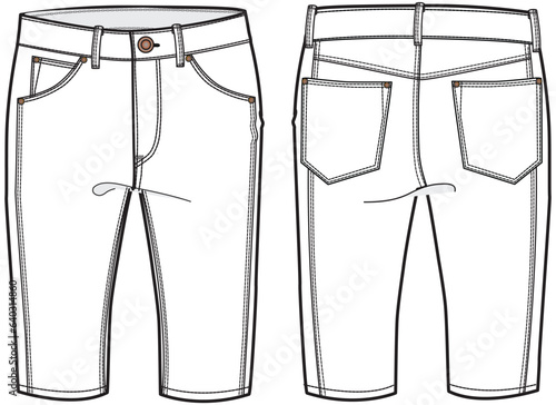 Womens Denim three quarter shorts front and back view flat sketch fashion illustration, five pockets Denim shorts drawing vector template