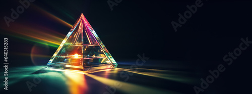 Light Refraction crystal prism with abstract blurred colorful lens flare bokeh on black background. Light Refraction wide web banner