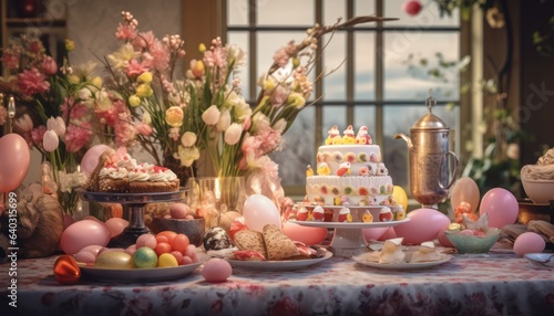 Photo of a festive table filled with delicious cakes and colorful balloons