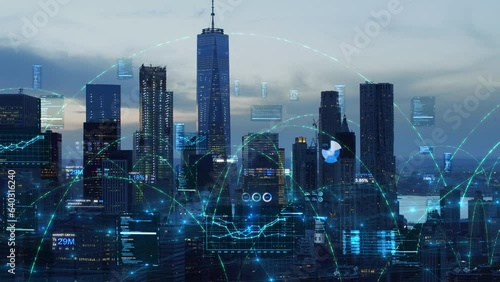 Futuristic Aerial View of Manhattan Skyline with Augmented Reality Elements. Connected City with Financial Elements, Charts, Graphs and Figures. IOT, VR. New York City.