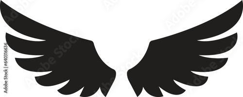 Wing with long feather. Angel or bird wing flat black icon. Aviation pilot patch badge. Heraldic vintage army insignia emblem falcon phoenix hawk. Flying winged frame. Biker logo stencil stamp.