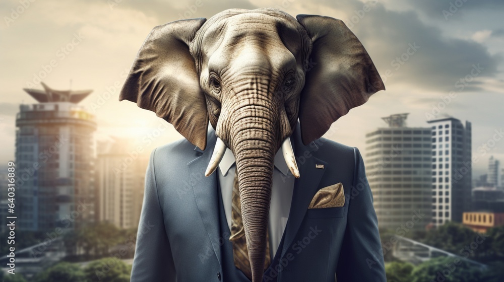 elephant head in a suit with city background.Generative AI