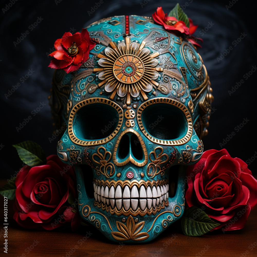 A sugar skull adorned with symbols of life and death, Mexican Skull