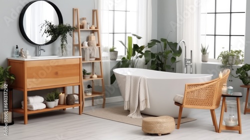 Modern bathroom interior  Restroom with ceramic toilet bowl with bathtubs and vanities.