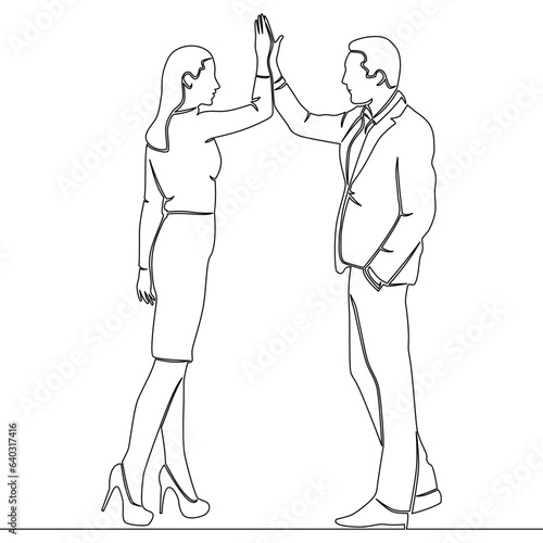 Continuous line drawing High-five. Young man and woman giving high-five success and cooperation concept