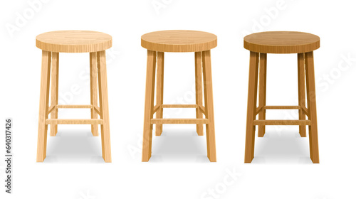Realistic Detailed 3d Different Wooden Bar Chair Circle Shape Seat Set for Kitchen, Bistro and Cafe. Vector illustration of Bar Chairs