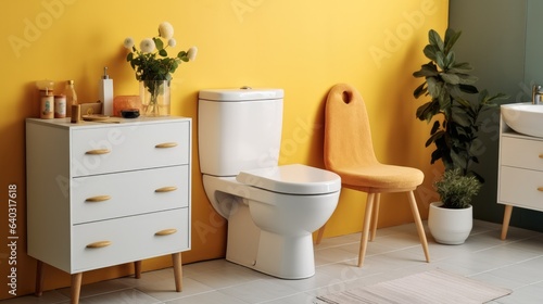 Restroom and ceramic toilet bowl with shelving unit and wicker basket in fashionable house.