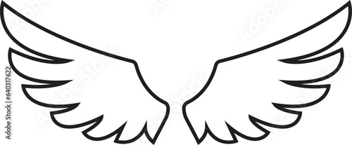 Wing with long feather. Angel or bird wing line black icon. Aviation pilot patch badge. Heraldic vintage army insignia emblem falcon phoenix hawk. Flying winged frame. Biker logo stencil stamp.